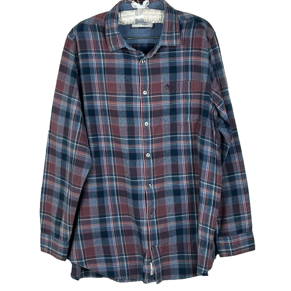 An Original Penguin Shirt Mens Size XL Blue Plaid Collared Long Sleeve Button Up